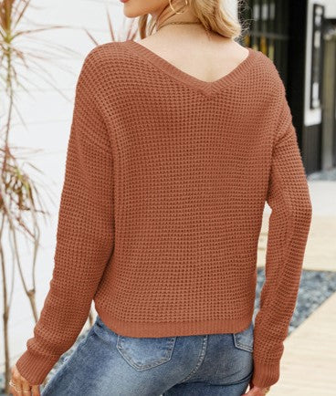 Waffle Knit Drawstring V-Neck Top - Brown - 1