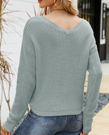 Waffle Knit Drawstring V-Neck Top - Green - 1