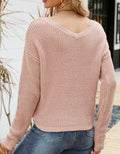 Waffle Knit Drawstring V-Neck Top - Pink
