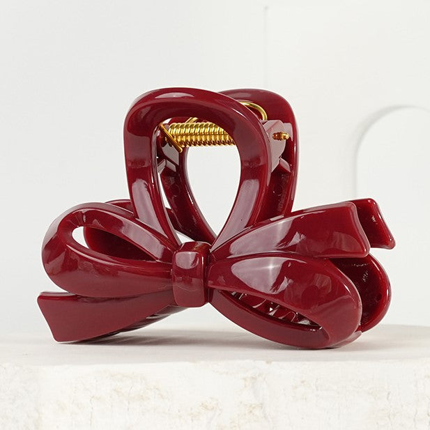 Layered Double Bow Hair Claw Clip - Red