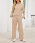 Contrast Stripe Two Piece Sweatshirt Pants Set - Khaki