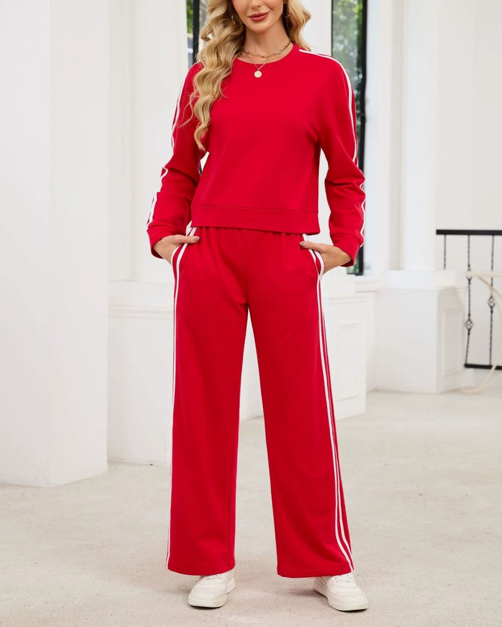 Contrast Stripe Two Piece Sweatshirt Pants Set - Red