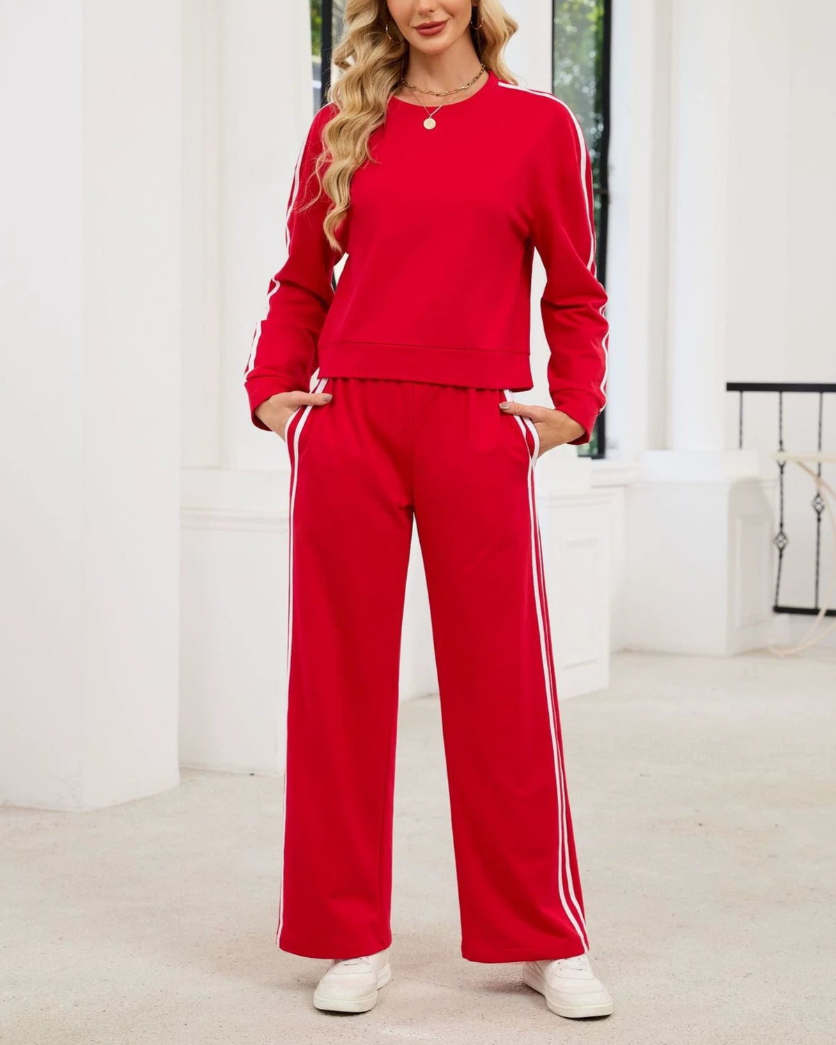 Contrast Stripe Two Piece Sweatshirt Pants Set - Red