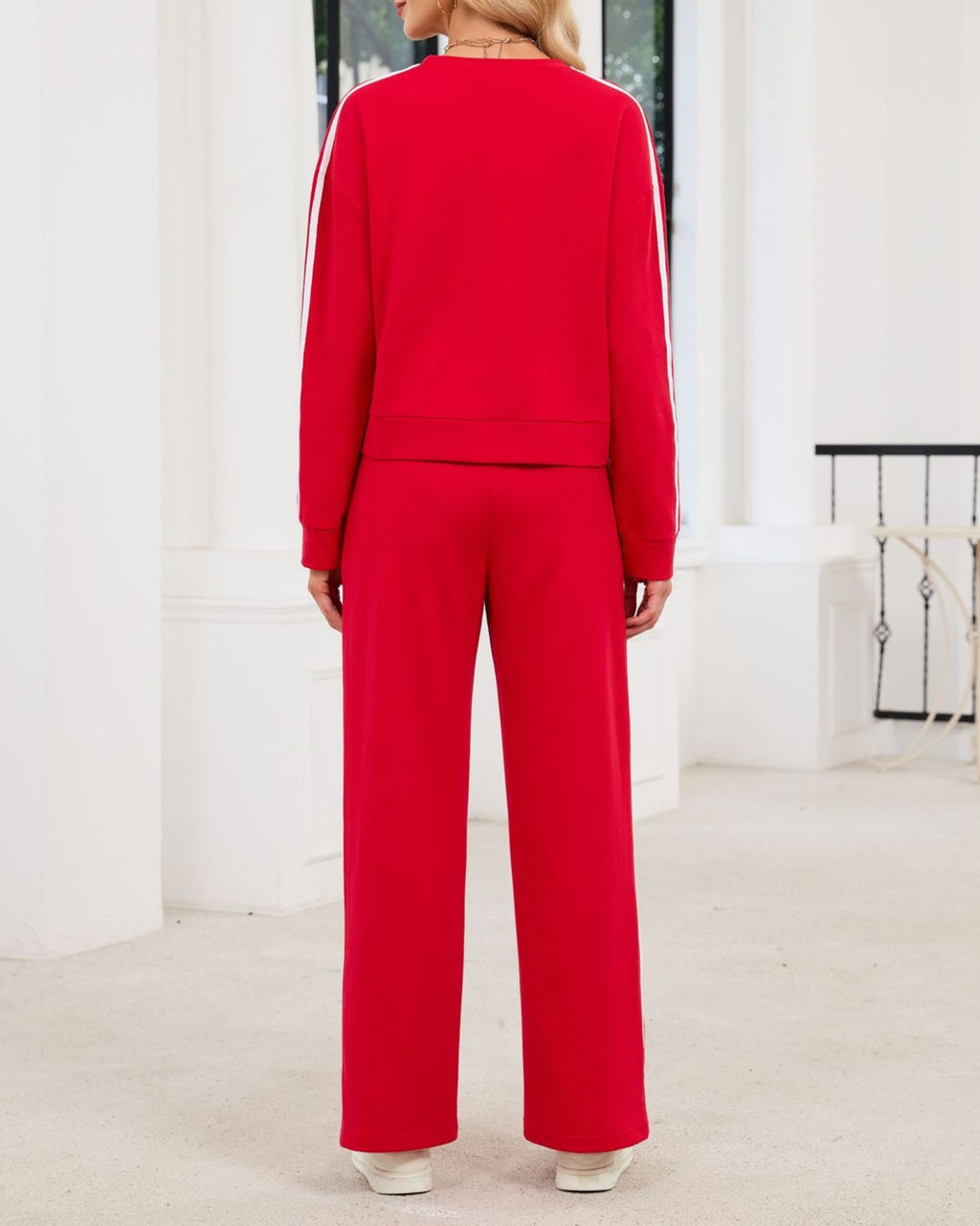 Contrast Stripe Two Piece Sweatshirt Pants Set - Red - 2