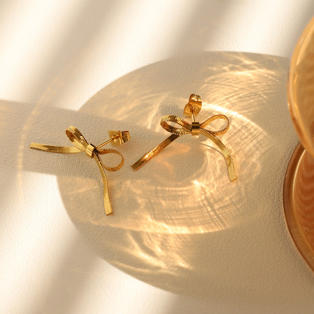 Ribbon Bow Wrap Around Stud Earrings - Gold - 3