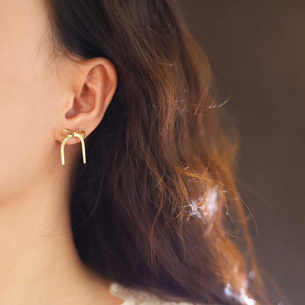Ribbon Bow Wrap Around Stud Earrings - Gold - 4