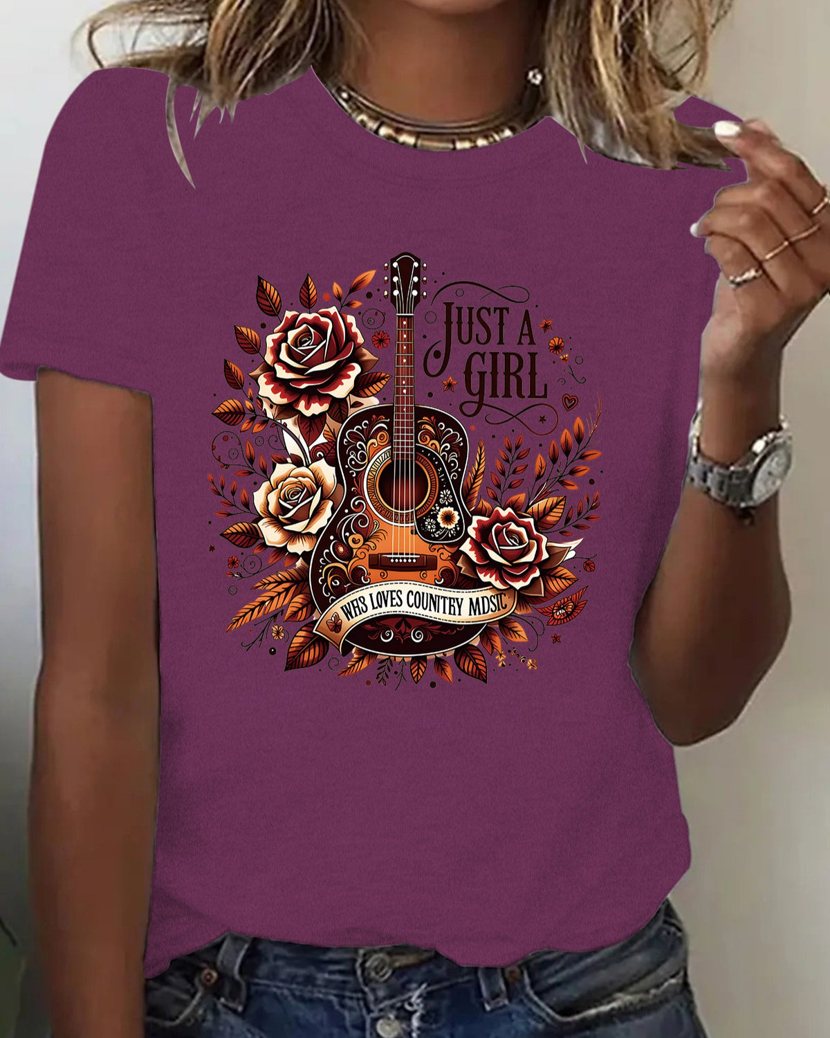 Vintage Western Guitar Rose Floral Crewneck Graphic Top - Flower Red