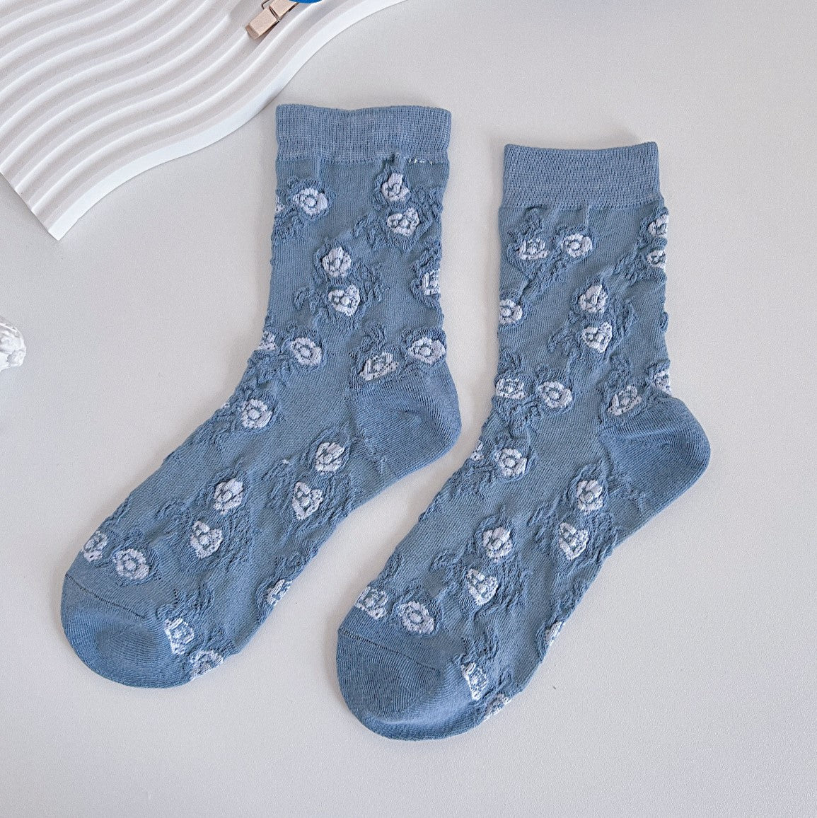Textured Floral Jacquard Crew Socks - Color_5 - 1