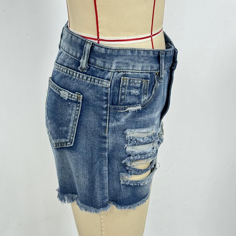 Distressed Frayed Hem Denim Cutoff Shorts - Blue - 1