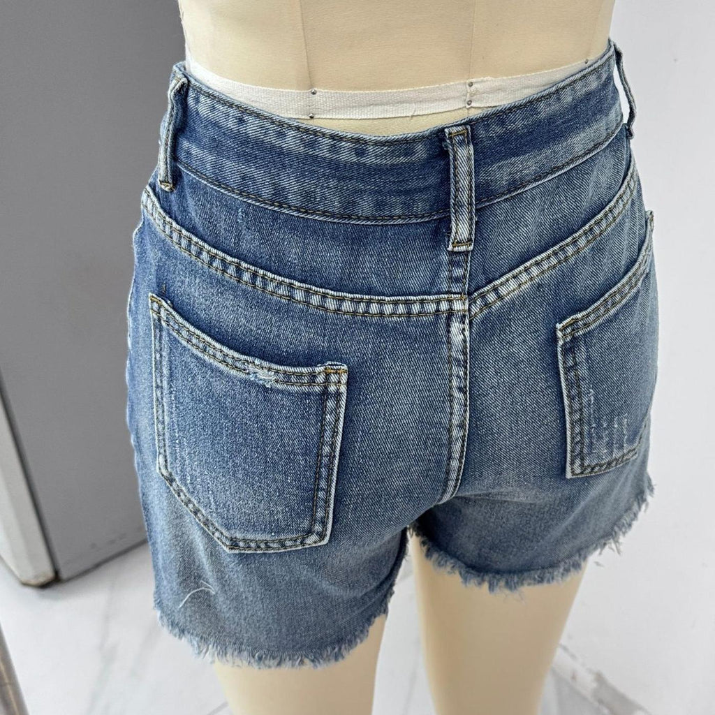 Distressed Frayed Hem Denim Cutoff Shorts - Blue - 2