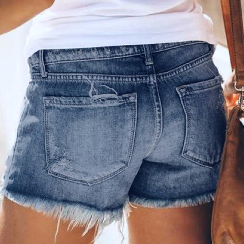 Distressed Frayed Hem Denim Cutoff Shorts - Blue - 3