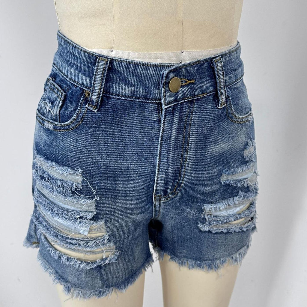 Distressed Frayed Hem Denim Cutoff Shorts - Blue - 4