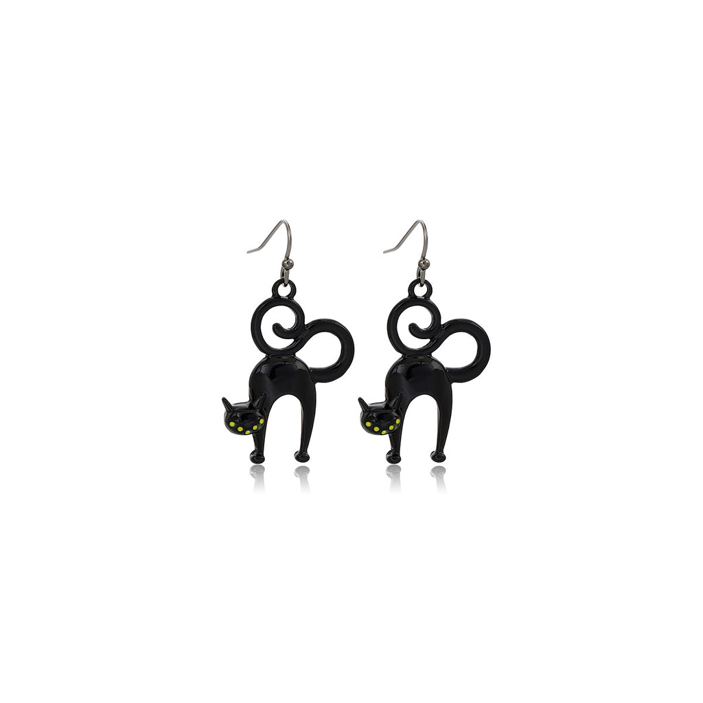 Spooky Cat And Spider Dangle Earrings - Cat