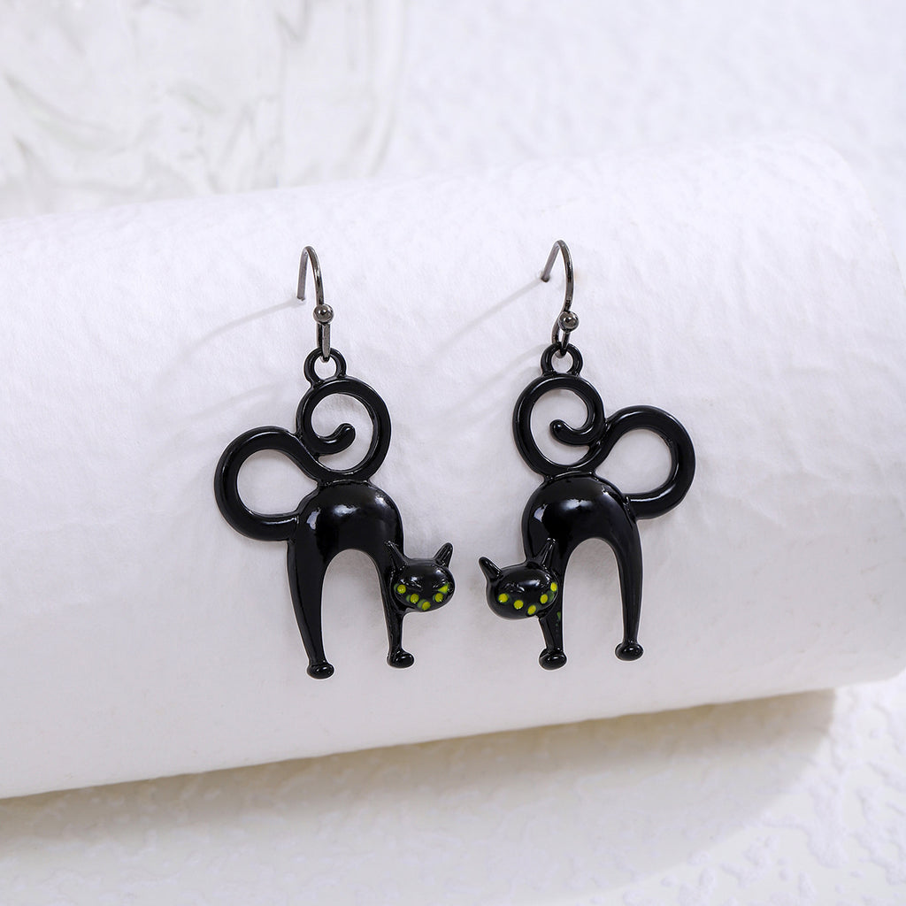 Spooky Cat And Spider Dangle Earrings - Cat - 2