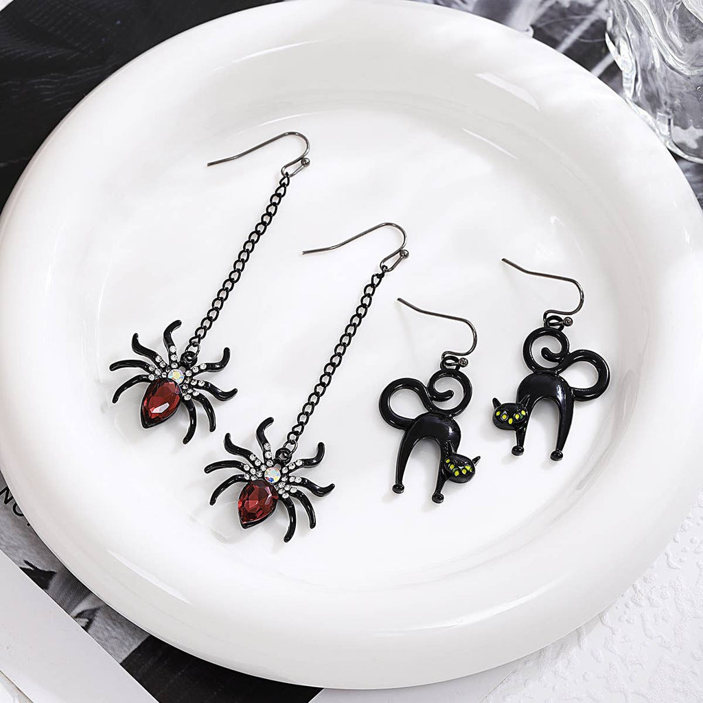 Spooky Cat And Spider Dangle Earrings