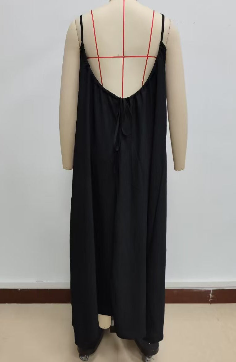Low Back Tie Strap Maxi Sundress - Black - 1