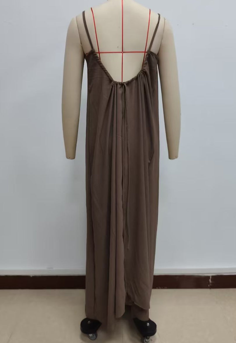 Low Back Tie Strap Maxi Sundress - Coffee - 2