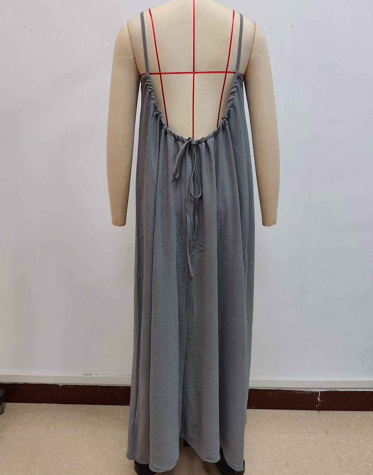 Low Back Tie Strap Maxi Sundress - Gray - 1