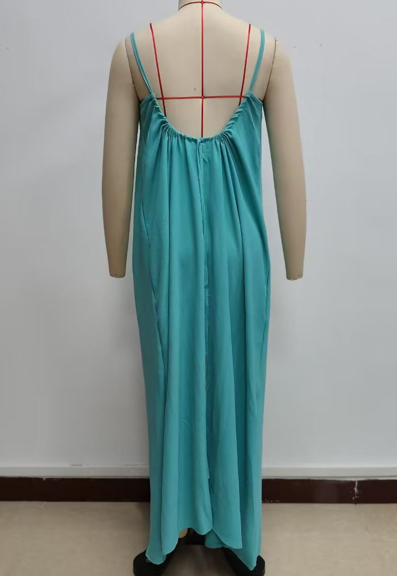 Low Back Tie Strap Maxi Sundress - Green - 1