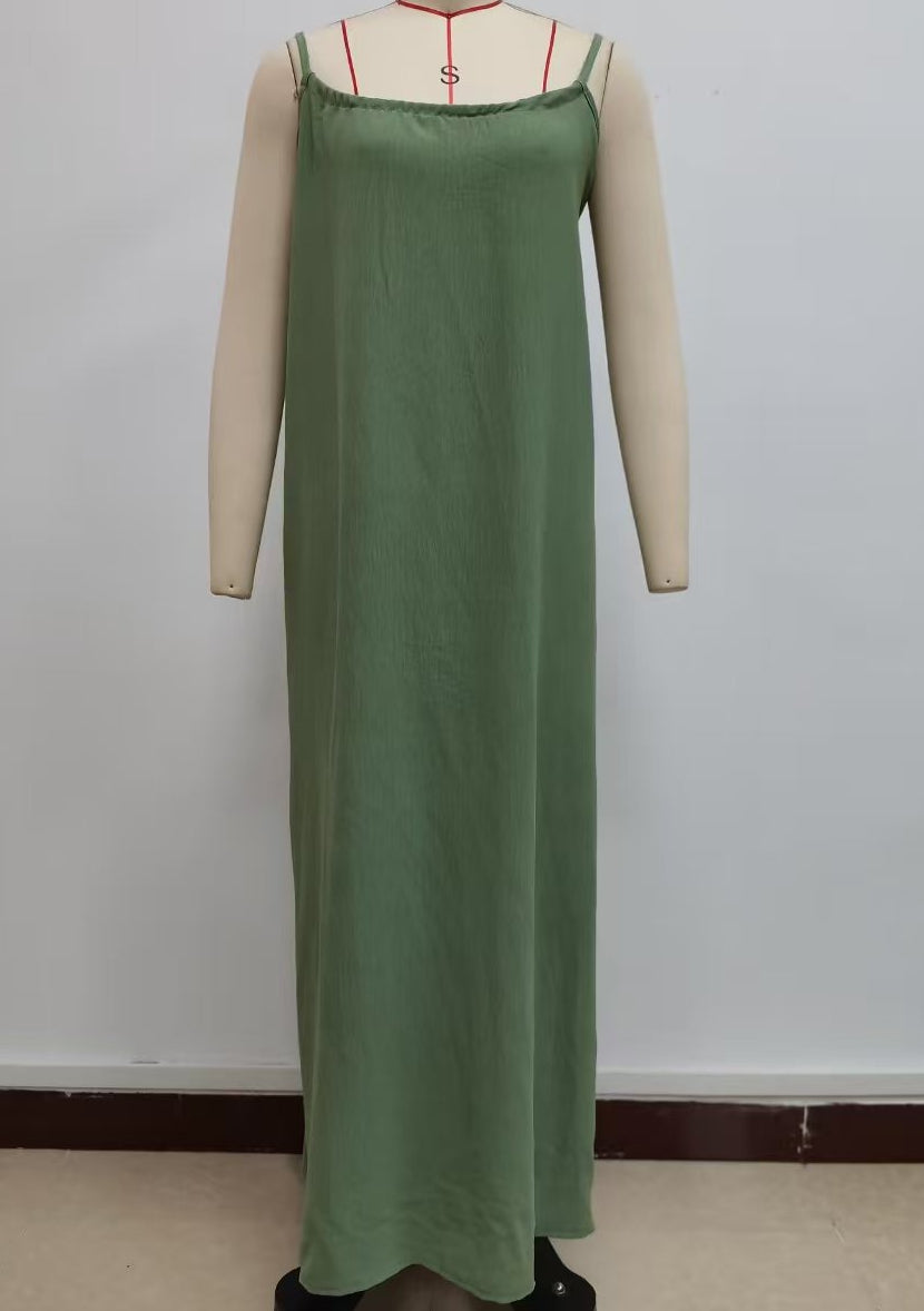 Low Back Tie Strap Maxi Sundress - MGreen