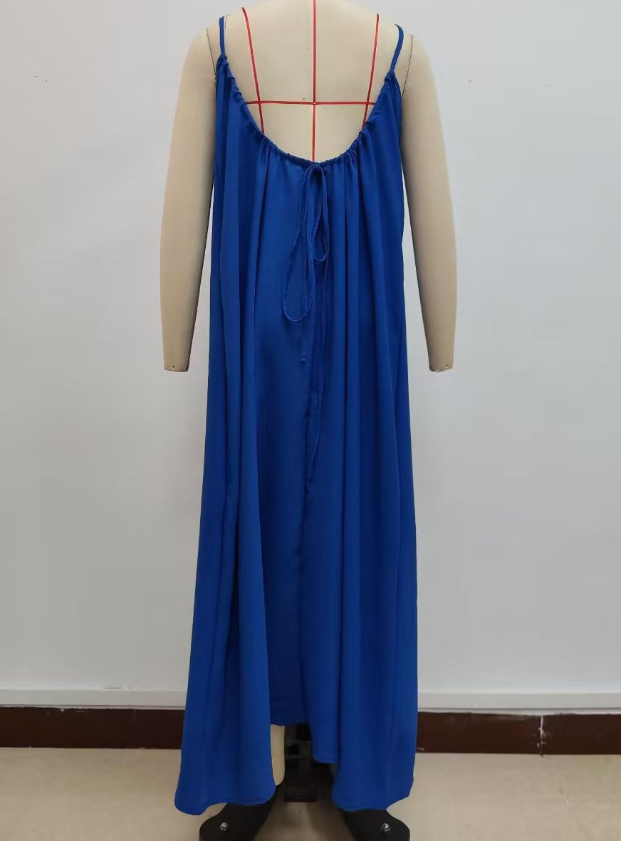 Low Back Tie Strap Maxi Sundress - Navyblue - 1