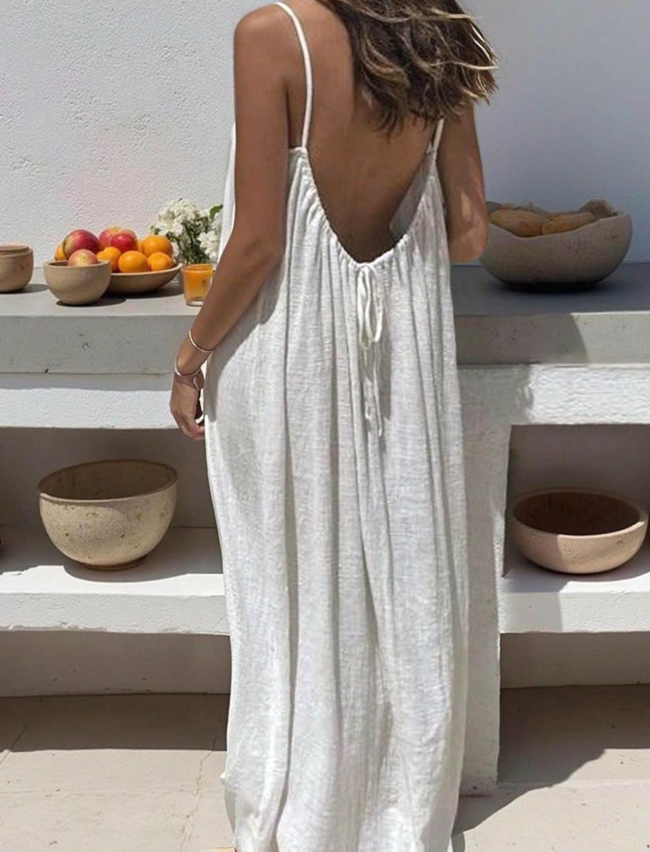Low Back Tie Strap Maxi Sundress - Offwhite - 2