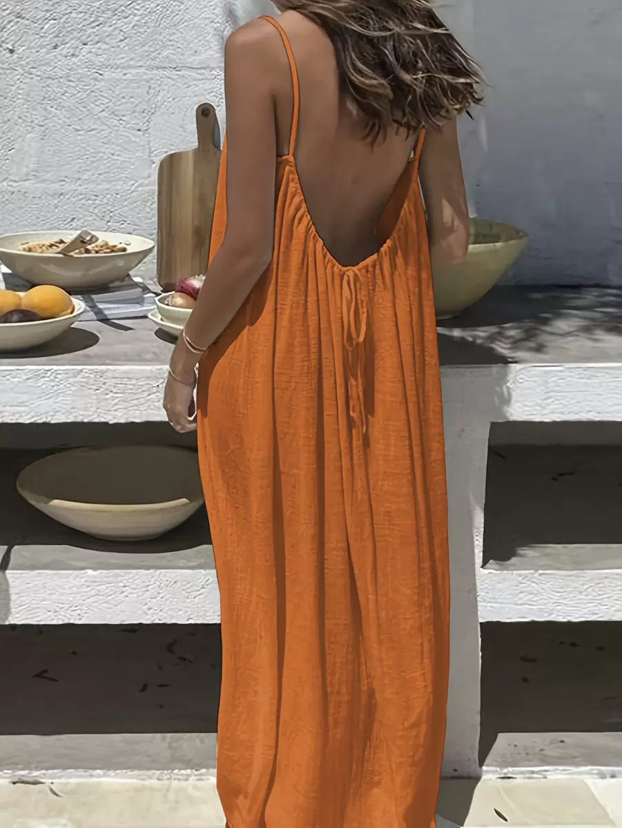 Low Back Tie Strap Maxi Sundress - Orange