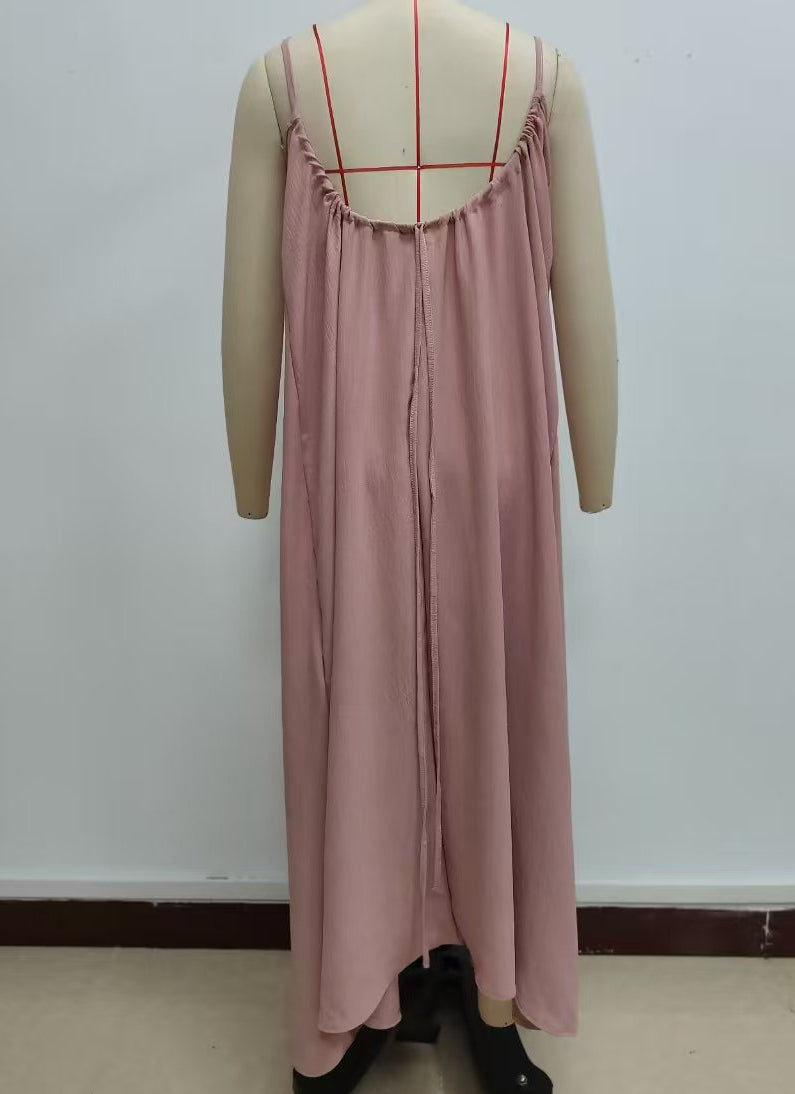 Low Back Tie Strap Maxi Sundress - Pink - 1