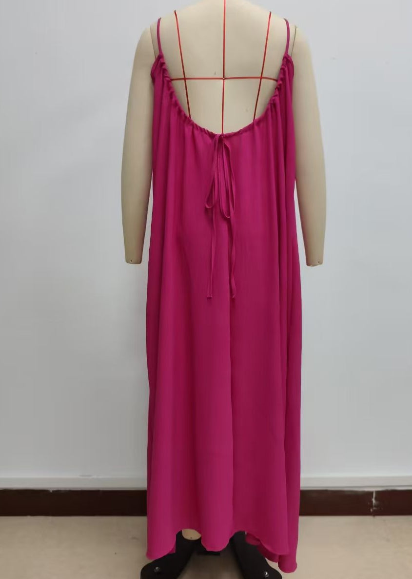Low Back Tie Strap Maxi Sundress - Rose_red - 1
