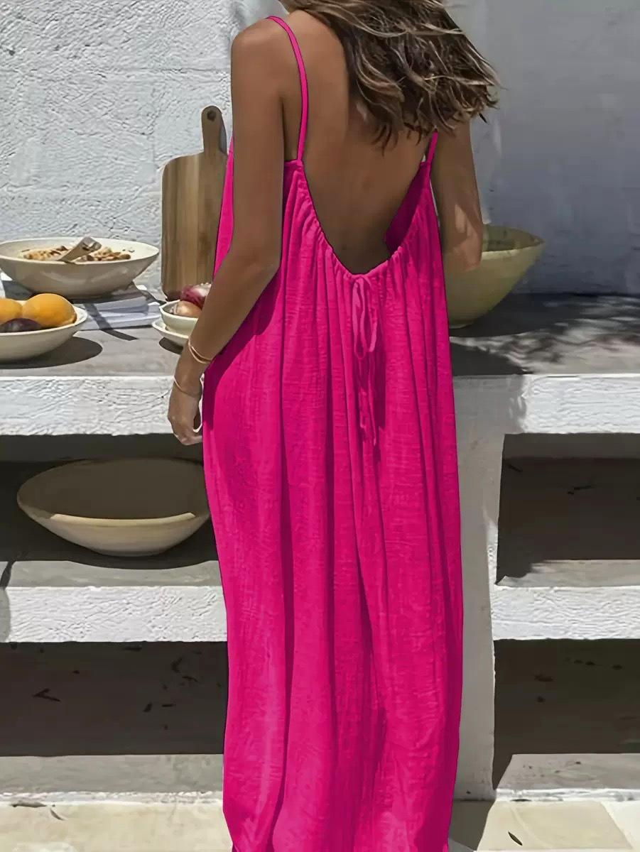 Low Back Tie Strap Maxi Sundress - Rose_red - 2