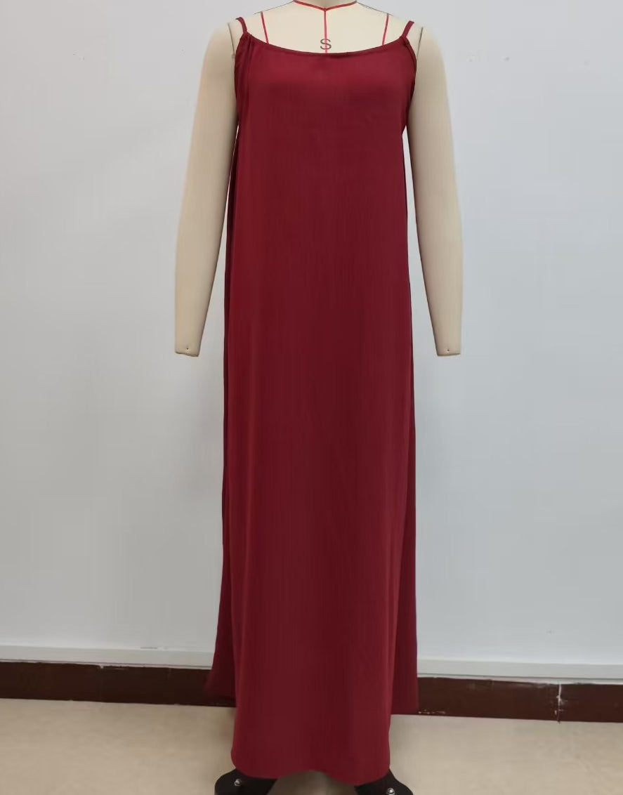 Low Back Tie Strap Maxi Sundress - Wine_Red