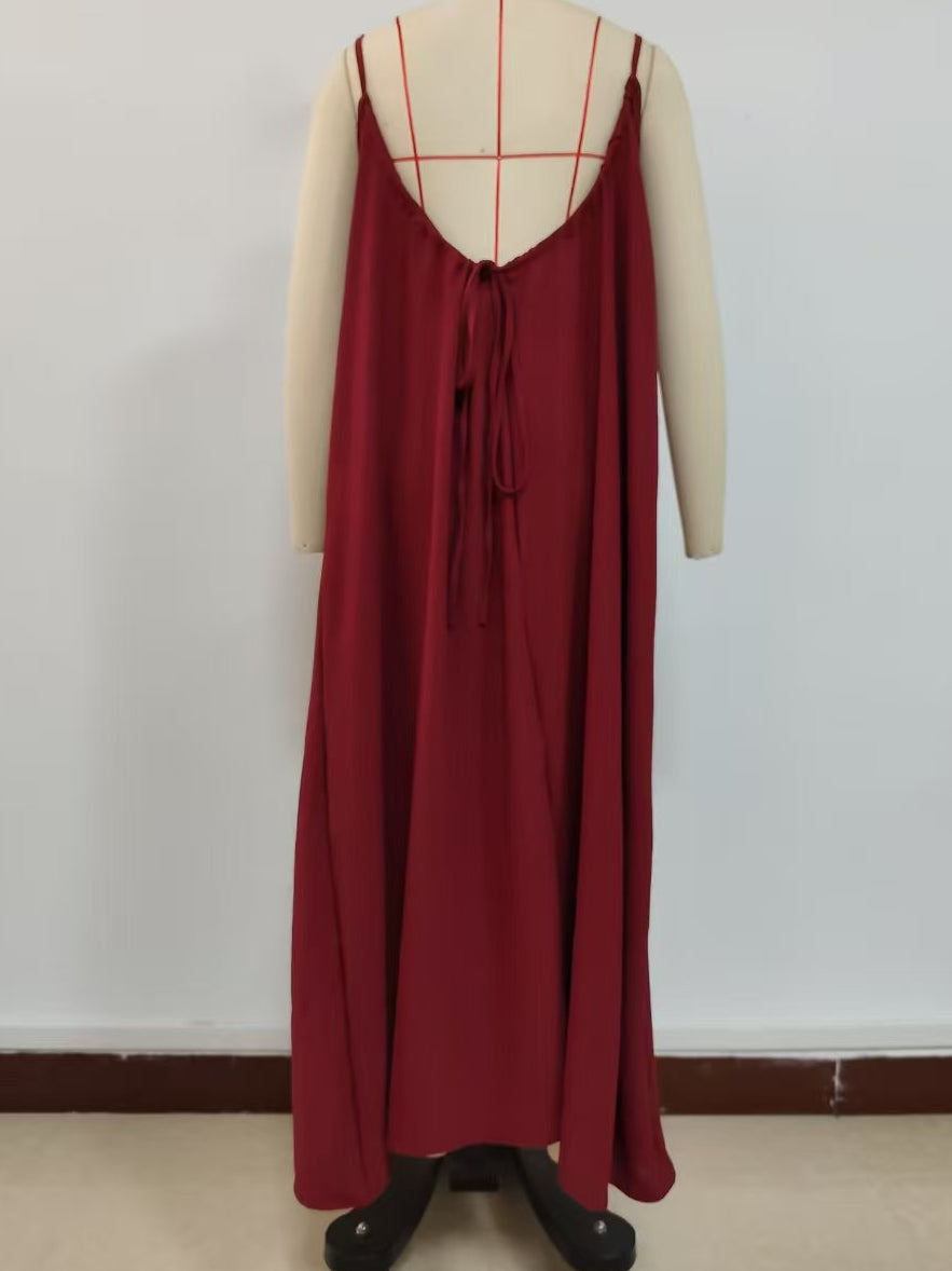 Low Back Tie Strap Maxi Sundress - Wine_Red - 1