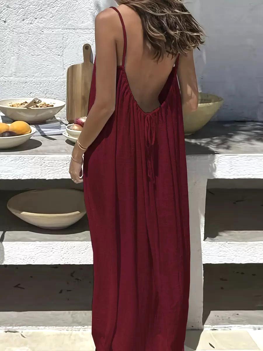 Low Back Tie Strap Maxi Sundress - Wine_Red - 2
