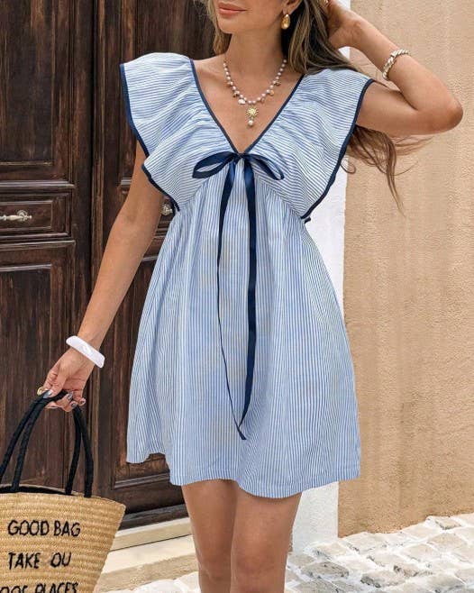 Pinstripe Babydoll Mini Dress With Flutter Ruffles