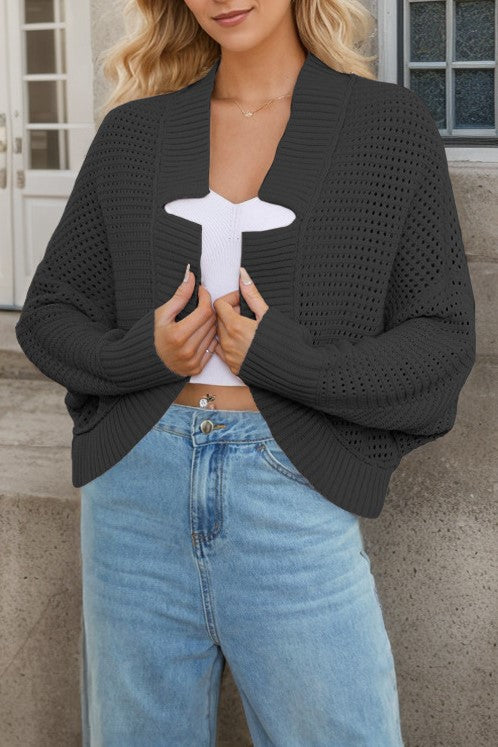 Slouchy Cocoon Knit Cardigan With Dolman Sleeves - Black
