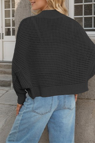 Slouchy Cocoon Knit Cardigan With Dolman Sleeves - Black - 1