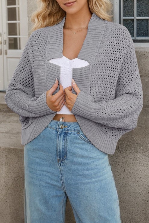 Slouchy Cocoon Knit Cardigan With Dolman Sleeves - Grey
