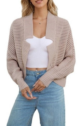 Slouchy Cocoon Knit Cardigan With Dolman Sleeves - Mushroom - 3