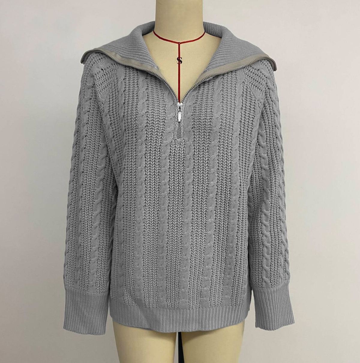 Cable Knit Half Zip Lapel Sweater - Grey