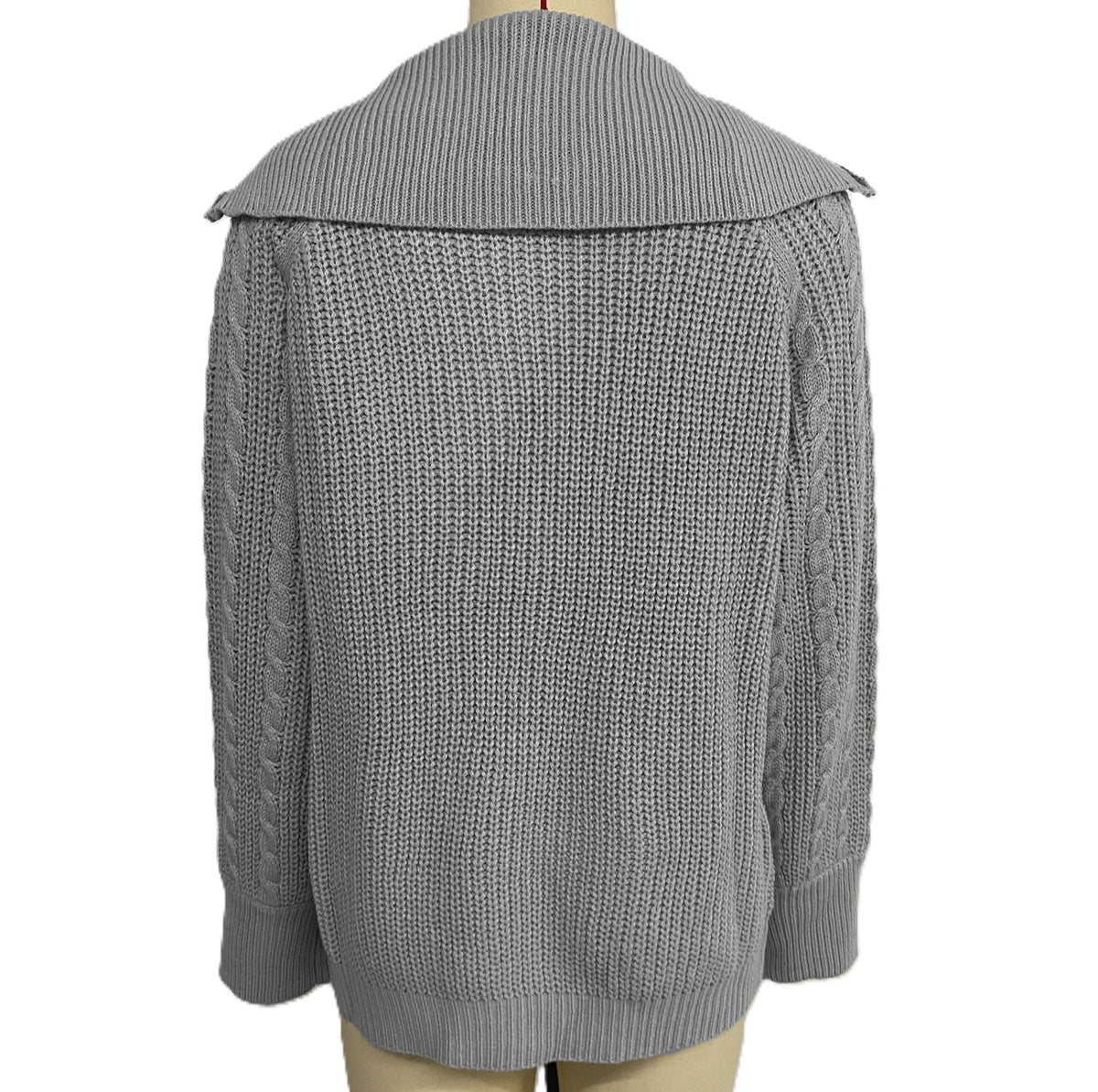 Cable Knit Half Zip Lapel Sweater - Grey - 1