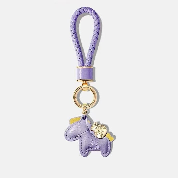 Braided Strap Leather Pony Charm Keychain - Purple
