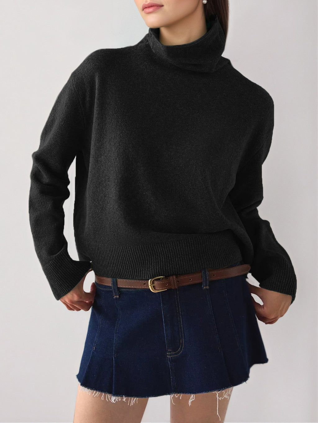 Mock Neck Drop Shoulder Knit Sweater - Black
