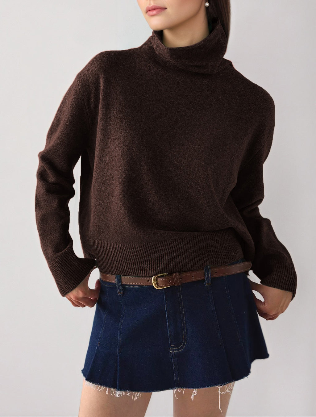 Mock Neck Drop Shoulder Knit Sweater - Brown