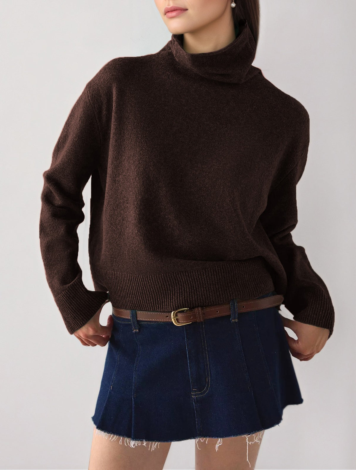 Mock Neck Drop Shoulder Knit Sweater - Brown