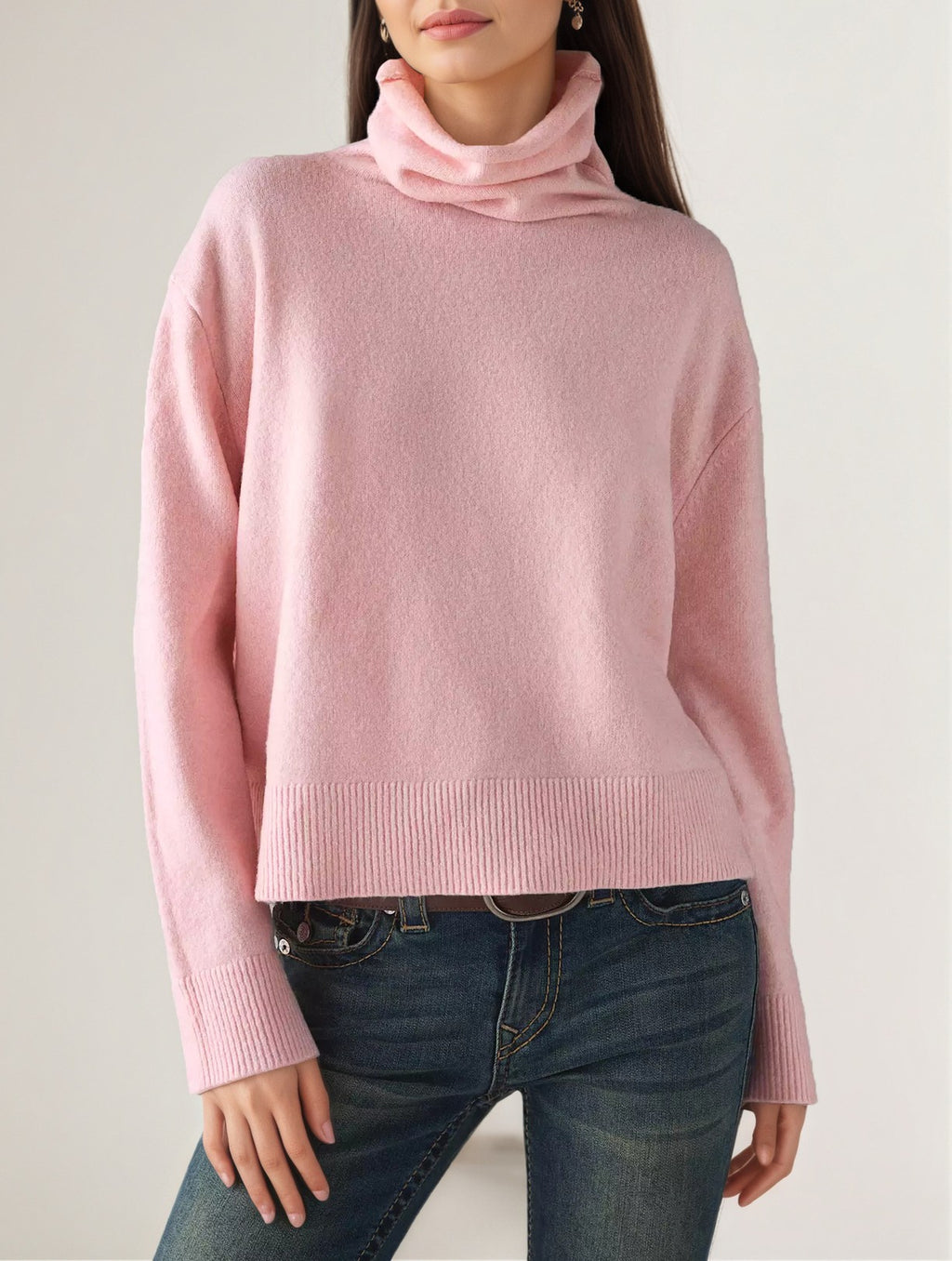Mock Neck Drop Shoulder Knit Sweater - Pink
