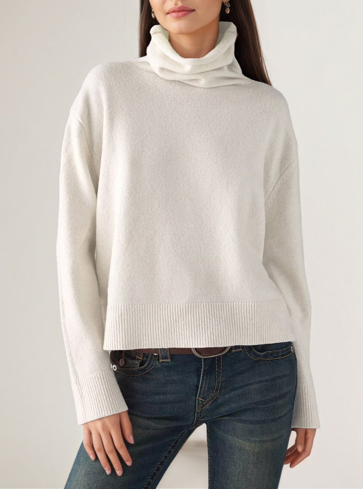 Mock Neck Drop Shoulder Knit Sweater - White