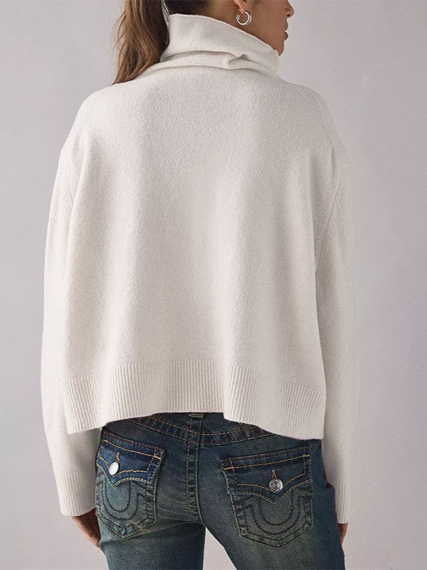 Mock Neck Drop Shoulder Knit Sweater - White - 1