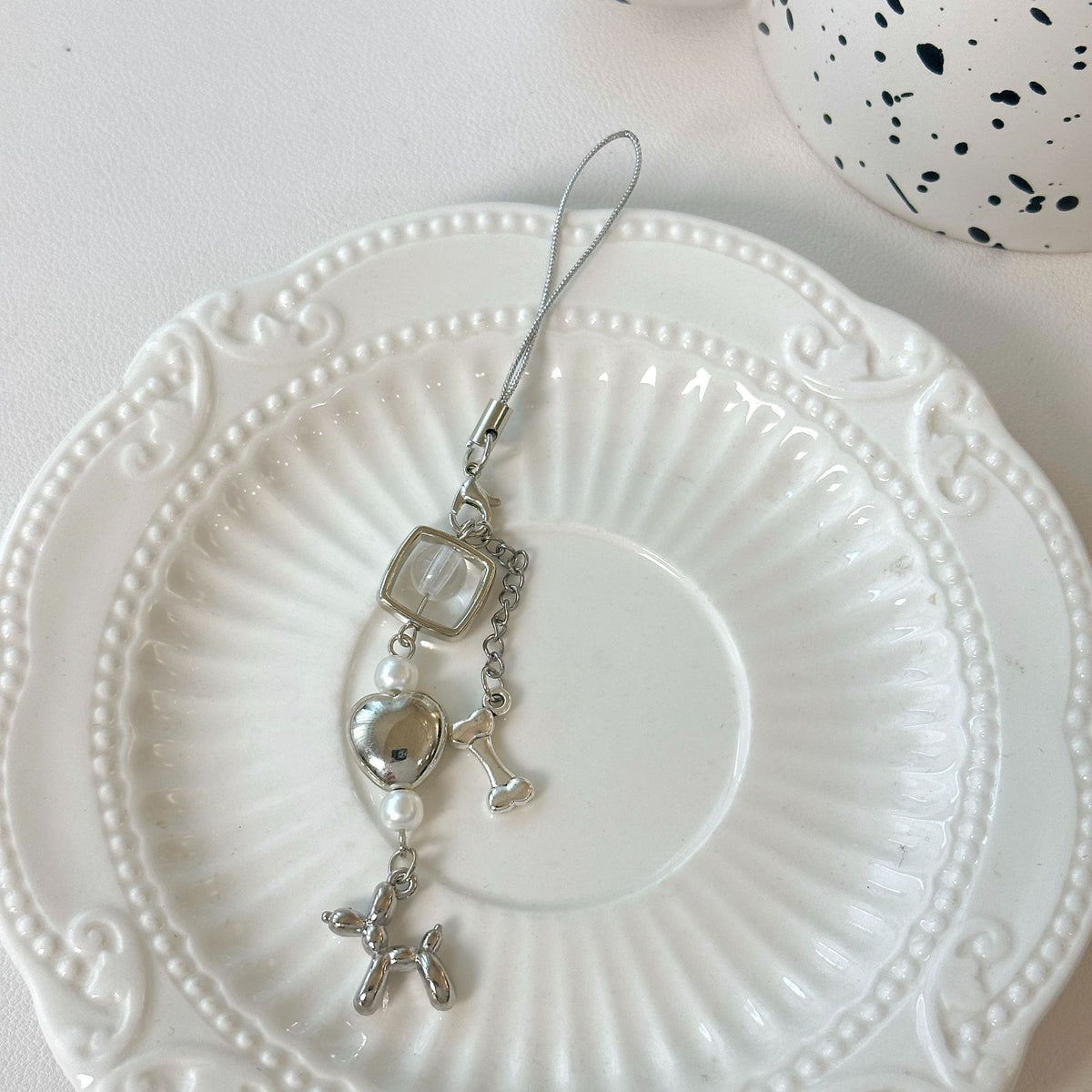 Balloon Dog Charm Beaded Keychain - Silvery-1
