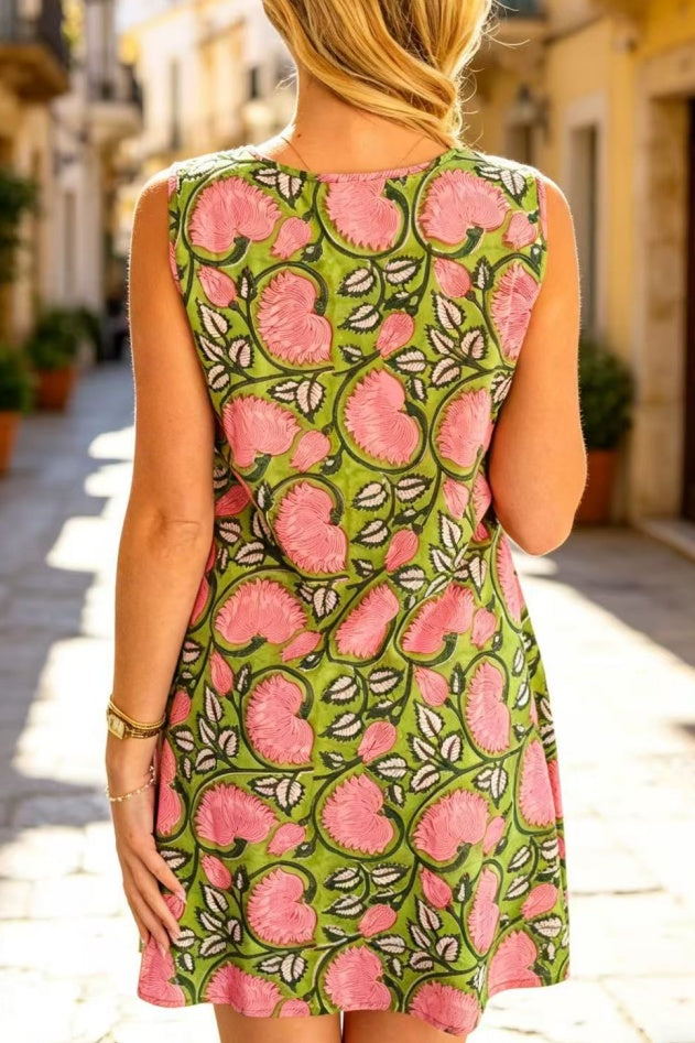 Block Print Floral Sleeveless Mini Dress - Green - 4