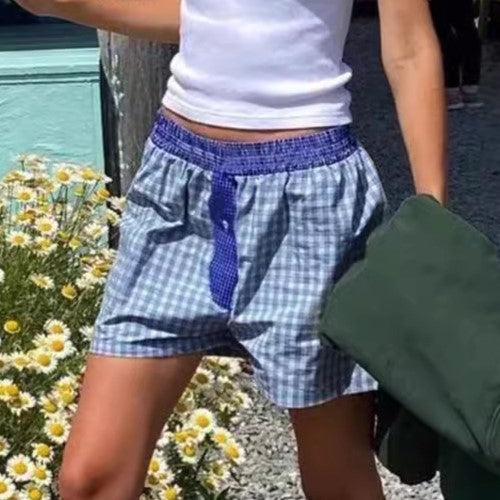 Gingham Smocked Waist Boxer Shorts - Blue - 1